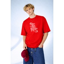 Caddekombin Erkek Stars Yazılı Ip Sanatı Tasarımlı Bisiklet Yaka Kırmızı T-Shirt