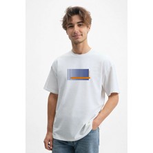 Caddekombin Erkek Cizgi Baskılı 100 Yüz Pamuk Bisiklet Yaka Beyaz T-Shirt