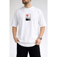 Caddekombin Erkek Yükselen Güneş ve Deniz Dalgalı Beyaz T-Shirt