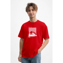 Caddekombin Erkek Özgür Ruh Dağ Silüeti Baskılı Bisiklet Yaka Kırmızı T-Shirt