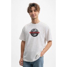 Caddekombin Erkek Ay ve Dağ Temalı 100 Yüz Pamuk Gri T-Shirt
