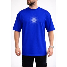 Caddekombin Erkek Geometrik Yıldız Patlaması Bisiklet Yaka Saks Mavi T-Shirt