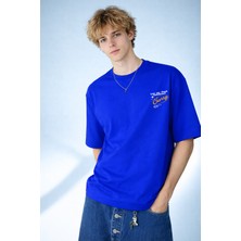 Caddekombin Erkek Cherry Tipografi Baskılı Bisiklet Yaka Saks Mavi T-Shirt