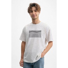 Caddekombin Erkek Modern Dalga Nakışlı 100 Yüz Pamuk Gri T-Shirt