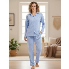 Arcan Kadın Beyaz Küçük Yıldız Desenli Gömlek Yaka Boydan Düğmeli Fitilli Polar 2'li Takım