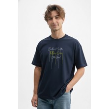 Caddekombin Erkek New York Semtleri Yazı Baskılı Bisiklet Yaka Lacivert T-Shirt