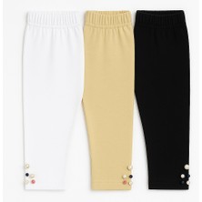 Mini Kanka Kız Çocuk 3’lü Tayt Seti – Siyah, Beyaz & Bej, Boncuk Detaylı, Diz Altı Boy