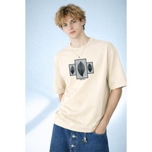 Caddekombin Erkek Üçlü Yaprak Illüstrasyon Baskılı Bisiklet Yaka Bej T-Shirt