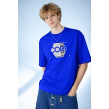 Caddekombin Erkek Core Lab Baskılı Altıgen Grafik Tasarım Bisiklet Yaka Saks Mavi T-Shirt
