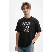 Caddekombin Erkek Awesome Yazılı Glitch Efektli 100 Yüz Pamuk Siyah T-Shirt