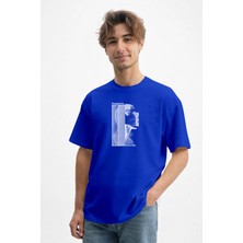 Caddekombin Erkek Dijital Bozulma ve Silüet Desenli 100 Yüz Pamuk Saks Mavi T-Shirt