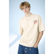 Caddekombin Erkek Cherry Tipografi Baskılı Bisiklet Yaka Bej T-Shirt