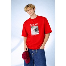 Caddekombin Erkek Speak Summer National Baskılı Palmiye Desenli Bisiklet Yaka Kırmızı T-Shirt