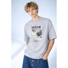 Caddekombin Erkek Speak Summer National Baskılı Palmiye Desenli Bisiklet Yaka Gri T-Shirt