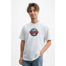 Caddekombin Erkek Ay ve Dağ Temalı 100 Yüz Pamuk Beyaz T-Shirt