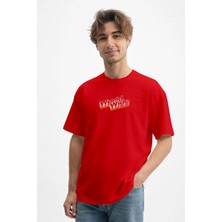 Caddekombin Erkek Retro Pop 3D Efektli Sokak Stili Kırmızı T-Shirt