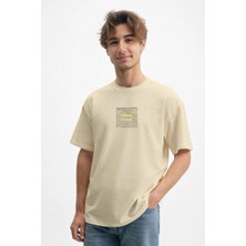 Caddekombin Erkek Oceano Yazı Baskılı 100 Yüz Pamuk Bej T-Shirt