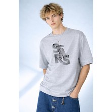 Caddekombin Erkek Stars Yazılı Ip Sanatı Tasarımlı Bisiklet Yaka Gri T-Shirt