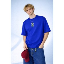 Caddekombin Erkek Geometrik Marine Tasarımlı Yuvarlak Yaka Saks Mavi T-Shirt
