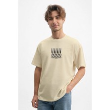 Caddekombin Erkek Geometrik Çizgi Baskılı Bisiklet Yaka Bej T-Shirt