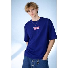 Caddekombin Erkek Dream Glow Baskılı Modern Sokak Stili Lacivert T-Shirt