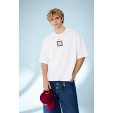 Caddekombin Erkek Life Loop Hi Baskılı Geometrik Desenli Bisiklet Yaka Beyaz T-Shirt