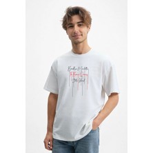 Caddekombin Erkek New York Semtleri Yazı Baskılı Bisiklet Yaka Beyaz T-Shirt