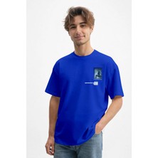 Caddekombin Erkek Özel Tasarım 100 Yüz Pamuk Bisiklet Yaka Saks Mavi T-Shirt