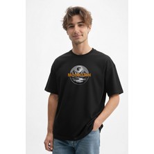Caddekombin Erkek Ay ve Dağ Temalı 100 Yüz Pamuk Siyah T-Shirt