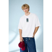 Caddekombin Erkek Geometrik Marine Tasarımlı Yuvarlak Yaka Beyaz T-Shirt