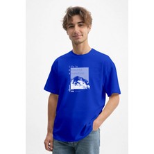 Caddekombin Erkek Özgür Ruh Dağ Silüeti Baskılı Bisiklet Yaka Saks Mavi T-Shirt