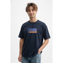 Caddekombin Erkek Cizgi Baskılı 100 Yüz Pamuk Bisiklet Yaka Lacivert T-Shirt