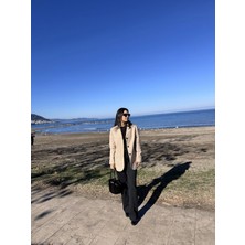 Tuğçe Fashion Yandan Cepli Düğmeli Süet Bej Blazer Ceket