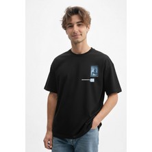Caddekombin Erkek Özel Tasarım Baskılı 100 Yüz Pamuk Bisiklet Yaka Siyah T-Shirt