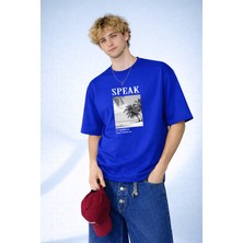 Caddekombin Erkek Speak Summer National Baskılı Palmiye Desenli Bisiklet Yaka Saks Mavi T-Shirt