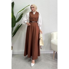 Tesettür Diyarı  Sofya Keten Düğme Detaylı Jile Elbise -Kahverengi