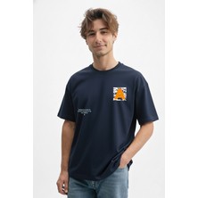 Caddekombin Erkek Baskılı 100 Yüz Pamuk Bisiklet Yaka Lacivert T-Shirt