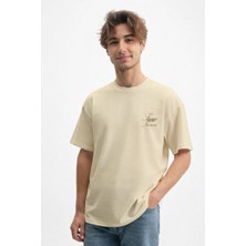 Caddekombin Erkek None Baskılı 100 Yüz Pamuk Bisiklet Yaka Bej T-Shirt
