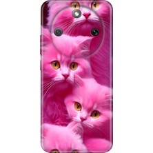 Honor Magic 8 Lite Kılıf Desenli Baskılı Tpu Rubber Kapak Pembe Kediler