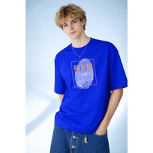 Caddekombin Erkek Modern Cyberpunk Stil Parmak Izi Baskılı Saks Mavi T-Shirt