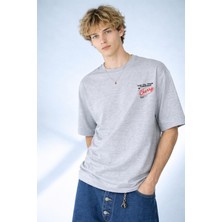 Caddekombin Erkek Cherry Tipografi Baskılı Bisiklet Yaka Gri T-Shirt