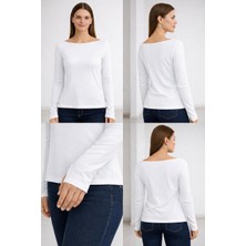 Hayalet Yumuşak Dokulu Pamuk Dokuma Uzun Kol Prenses Kayık Yaka Parmak Geçmeli Body Modal T-Shirt
