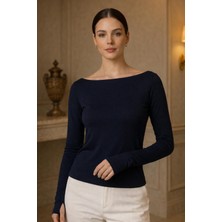 Hayalet Yumuşak Dokulu Pamuk Dokuma Uzun Kol Prenses Kayık Yaka Parmak Geçmeli Body Modal T-Shirt