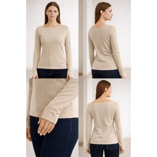 Hayalet Yumuşak Dokulu Pamuk Dokuma Uzun Kol Prenses Kayık Yaka Parmak Geçmeli Body Modal T-Shirt