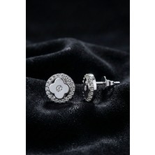 Roza Silver 925 Ayar Gümüş Rodyum Kaplama Zirkon Taşlı Anturaj Yuvarlak Yonca Çivili Küpe