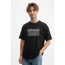 Caddekombin Erkek Modern Dalga Nakışlı 100 Yüz Pamuk Siyah T-Shirt