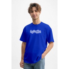 Caddekombin Erkek Hipnotik Çizgi Desenli Bisiklet Yaka Saks Mavi T-Shirt