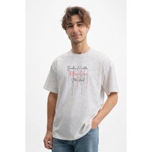 Caddekombin Erkek New York Semtleri Yazı Baskılı Bisiklet Yaka Gri T-Shirt