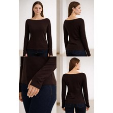 Hayalet Yumuşak Dokulu Pamuk Dokuma Uzun Kol Prenses Kayık Yaka Parmak Geçmeli Body Modal T-Shirt