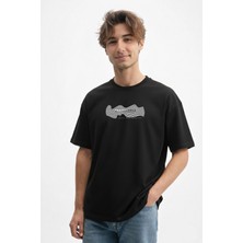 Caddekombin Erkek Hipnotik Çizgi Desenli Bisiklet Yaka Siyah T-Shirt